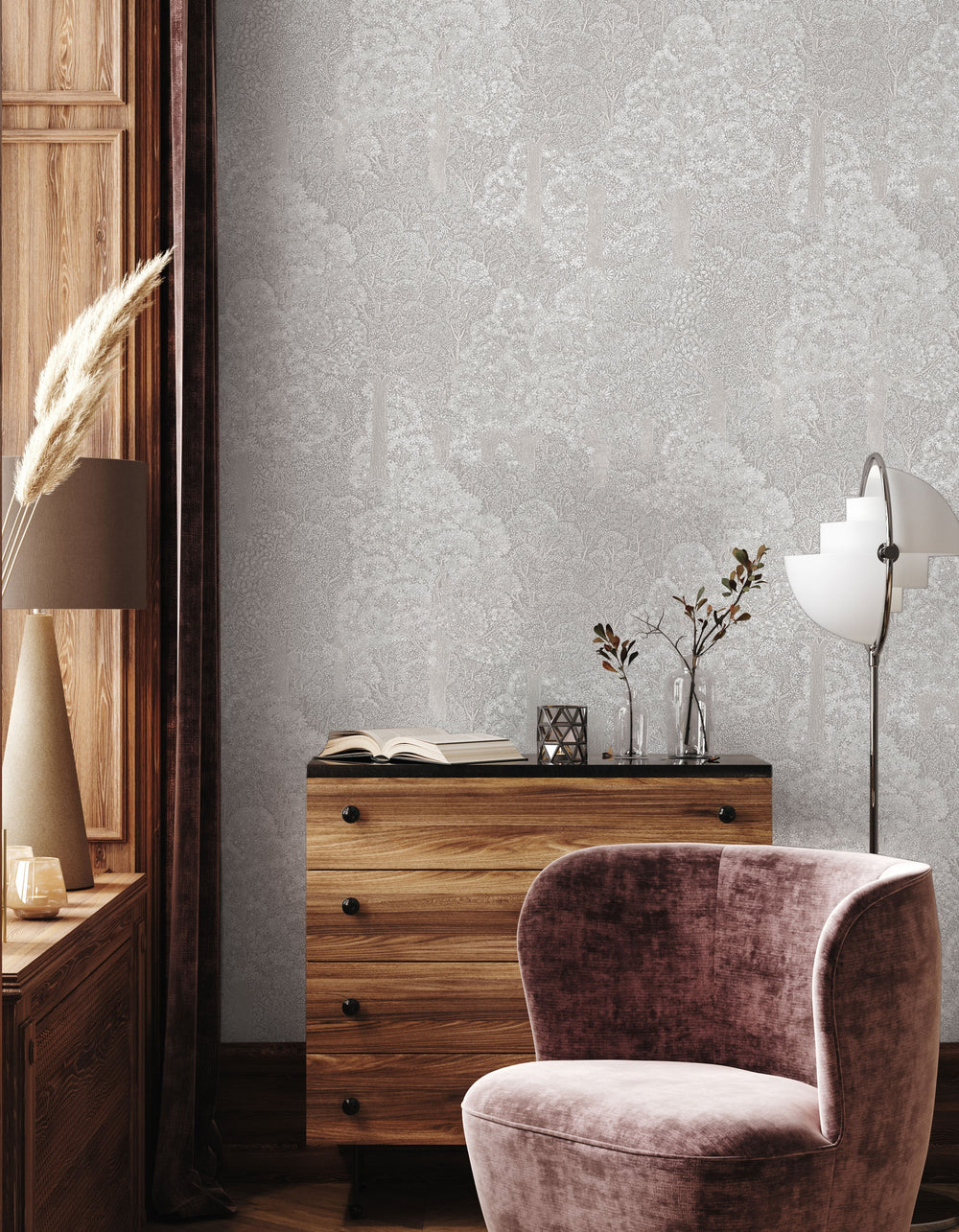 Luxury Blue Fabric Floral Wallpaper, Boho Non-Woven Wall Covering, 41.7"W x 614"H, Washable Removable for Living Room Bedroom
