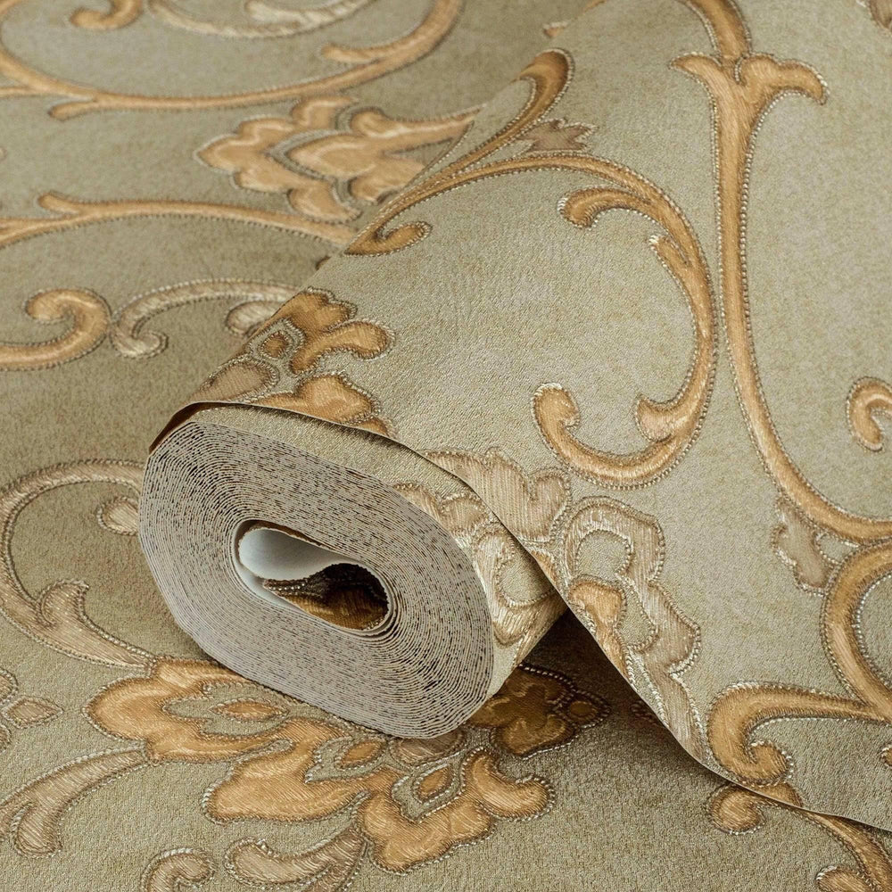 Luxury Gold Damask Textured 3D Embossed Wallpaper, Boho Non-Woven Wall Covering, 41.7"W x 398"H, Washable Removable for Livin