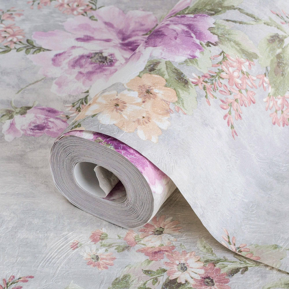 Luxury Purple Floral Textured Wallpaper, Traditional Non-Woven Wall Covering, 41.7"W x 398"H, Washable Removable for Living R