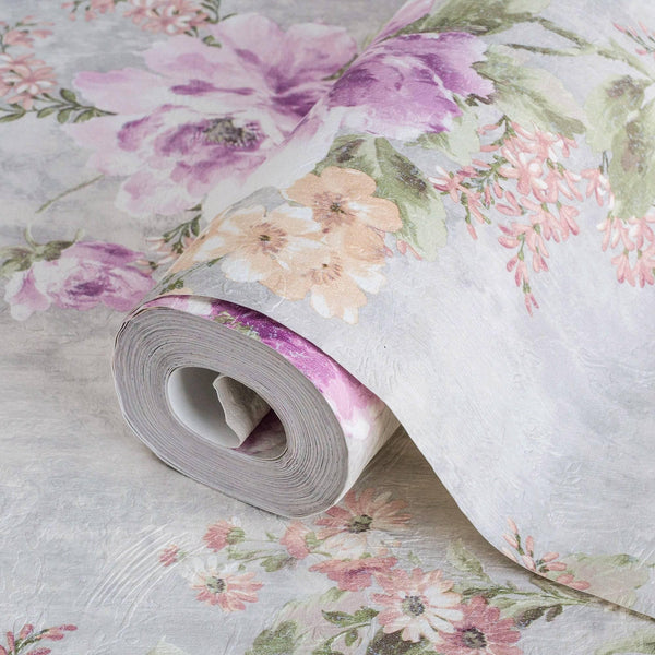 Luxury Purple Floral Textured Wallpaper, Traditional Non-Woven Wall Covering, 41.7"W x 398"H, Washable Removable for Living R