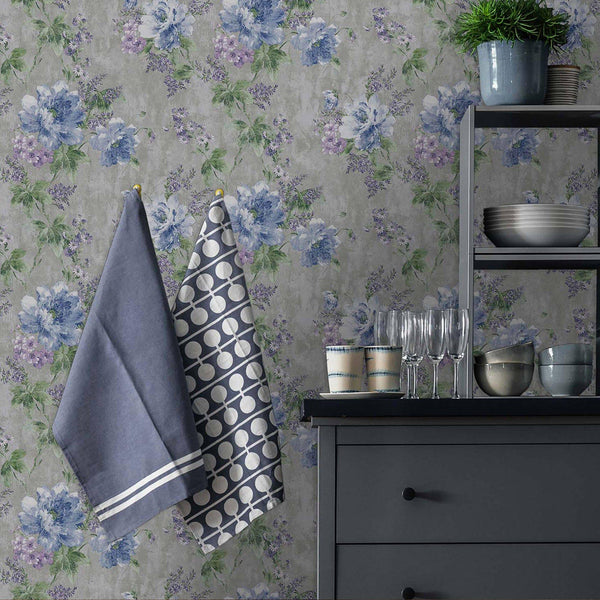 Luxury Blue Floral Textured Wallpaper, Farmhouse Non-Woven Wall Covering, 41.7"W x 398"H, Washable Removable for Living Room 
