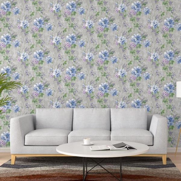 Luxury Blue Floral Textured Wallpaper, Farmhouse Non-Woven Wall Covering, 41.7"W x 398"H, Washable Removable for Living Room 