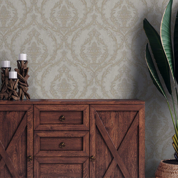 Luxury Beige Damask Embossed 3D Embossed Wallpaper, Traditional Non-Woven Wall Covering, 41.7"W x 398"H, Washable Removable f