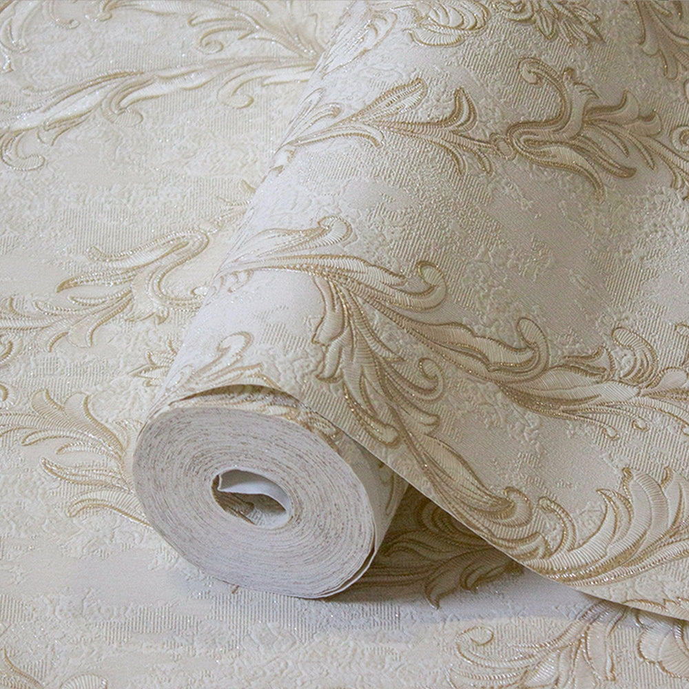Luxury Beige Damask Embossed 3D Embossed Wallpaper, Traditional Non-Woven Wall Covering, 41.7"W x 398"H, Washable Removable f