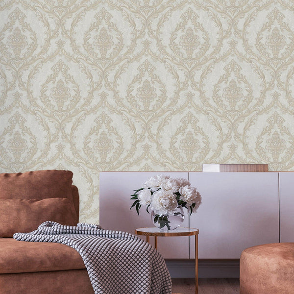 Luxury Beige Damask Embossed 3D Embossed Wallpaper, Traditional Non-Woven Wall Covering, 41.7"W x 398"H, Washable Removable f