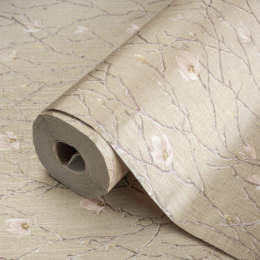 Luxury Beige Floral Chinoiserie Wallpaper, Premium Non-Woven Wall Covering, 41.7"W x 398"H, Washable Removable for Living Roo