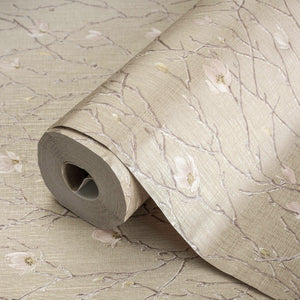 Luxury Beige Floral Chinoiserie Wallpaper, Premium Non-Woven Wall Covering, 41.7"W x 398"H, Washable Removable for Living Roo