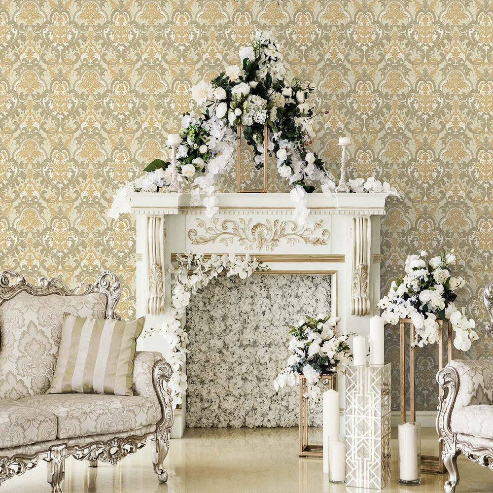 Luxury Beige Damask Velvet 3D Embossed Wallpaper, Premium Non-Woven Wall Covering, 41.7"W x 398"H, Washable Removable for Liv