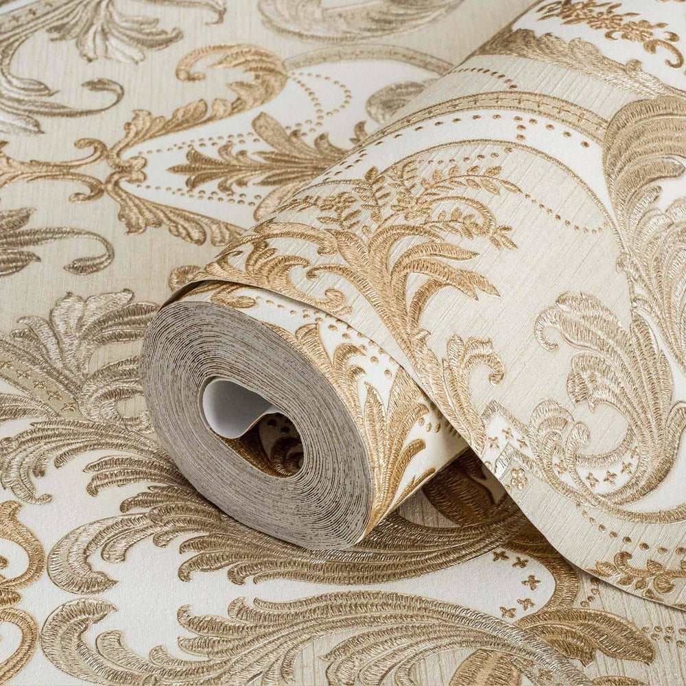 Luxury Beige Damask Velvet 3D Embossed Wallpaper, Premium Non-Woven Wall Covering, 41.7"W x 398"H, Washable Removable for Liv