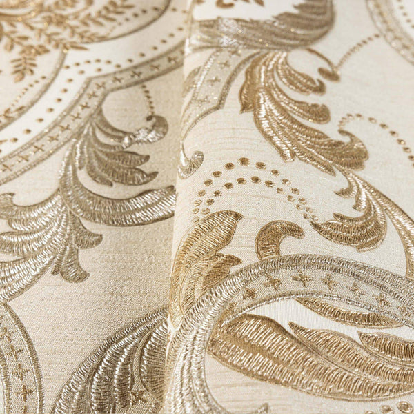 Luxury Beige Damask Velvet 3D Embossed Wallpaper, Premium Non-Woven Wall Covering, 41.7"W x 398"H, Washable Removable for Liv