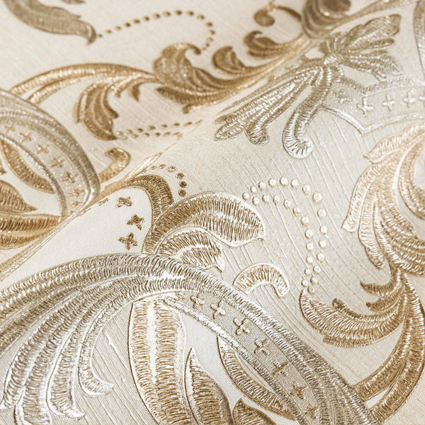 Luxury Beige Damask Velvet 3D Embossed Wallpaper, Premium Non-Woven Wall Covering, 41.7"W x 398"H, Washable Removable for Liv