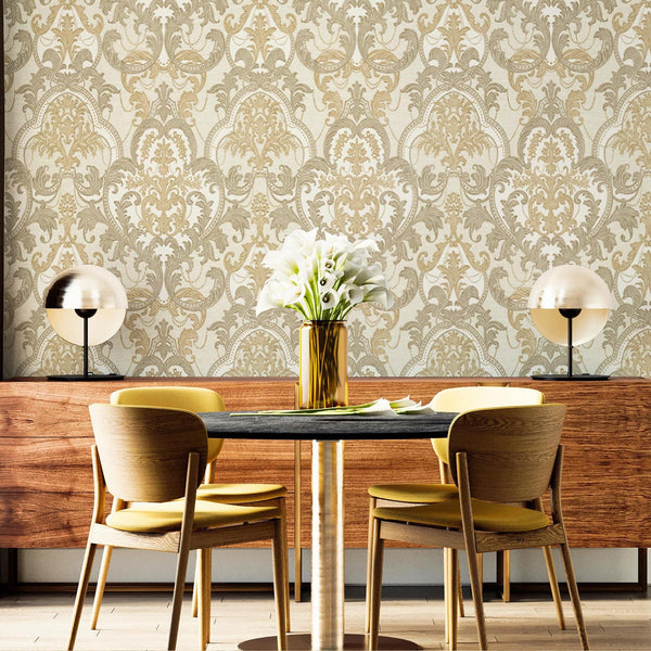 Luxury Beige Damask Velvet 3D Embossed Wallpaper, Premium Non-Woven Wall Covering, 41.7"W x 398"H, Washable Removable for Liv