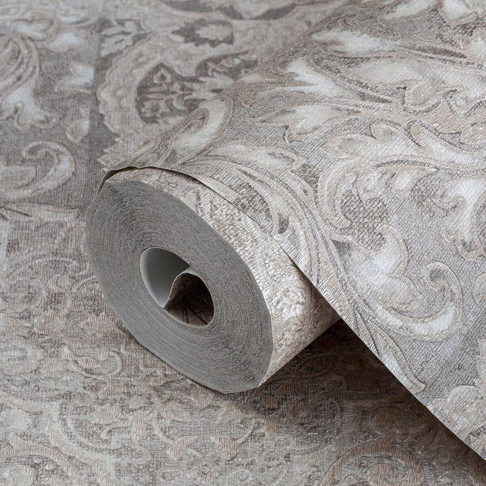 Luxury Beige Damask Textured 3D Embossed Wallpaper, Rustic Non-Woven Wall Covering, 41.7"W x 614"H, Washable Removable for Li