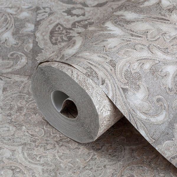 Luxury Beige Damask Textured 3D Embossed Wallpaper, Rustic Non-Woven Wall Covering, 41.7"W x 614"H, Washable Removable for Li