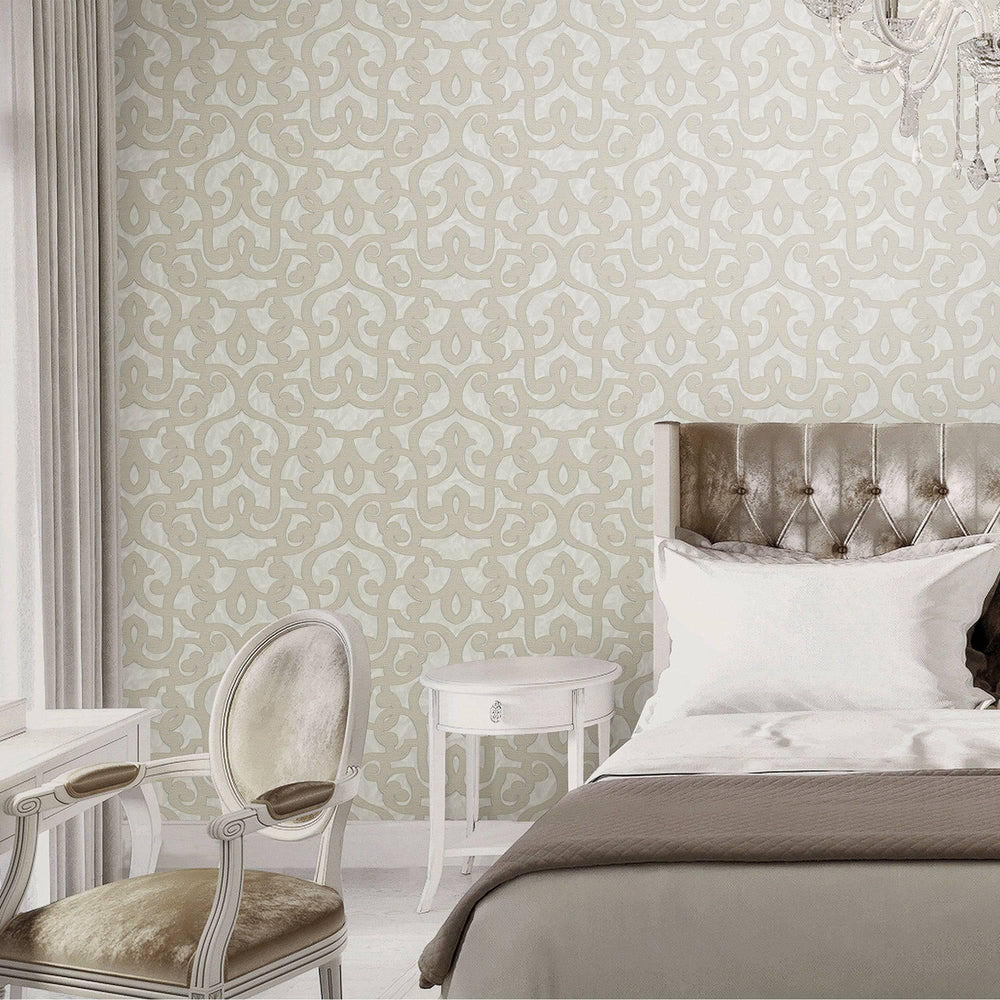 Luxury Beige Trellis Damask Wallpaper, Premium Non-Woven Wall Covering, 41.7"W x 398"H, Washable Removable for Living Room Be