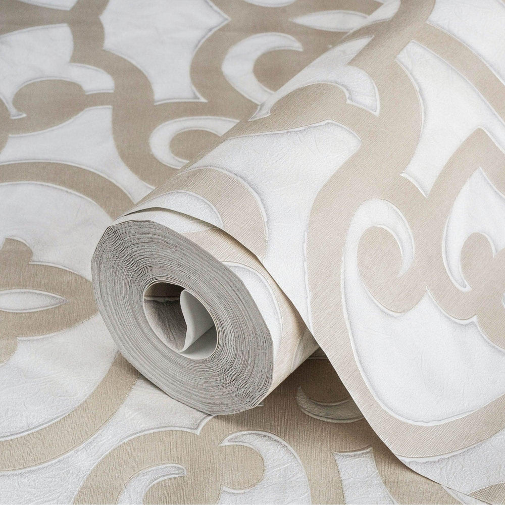 Luxury Beige Trellis Damask Wallpaper, Premium Non-Woven Wall Covering, 41.7"W x 398"H, Washable Removable for Living Room Be