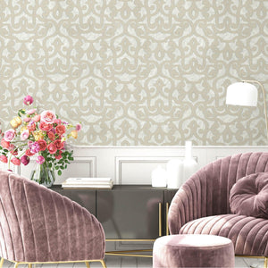 Luxury Beige Trellis Damask Wallpaper, Premium Non-Woven Wall Covering, 41.7"W x 398"H, Washable Removable for Living Room Be