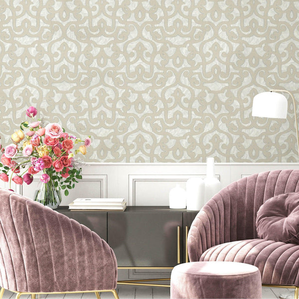 Luxury Beige Trellis Damask Wallpaper, Premium Non-Woven Wall Covering, 41.7"W x 398"H, Washable Removable for Living Room Be