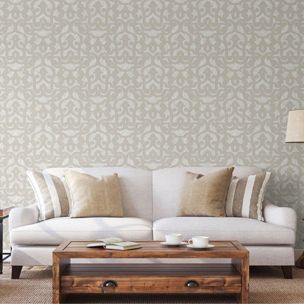 Luxury Beige Trellis Damask Wallpaper, Premium Non-Woven Wall Covering, 41.7"W x 398"H, Washable Removable for Living Room Be