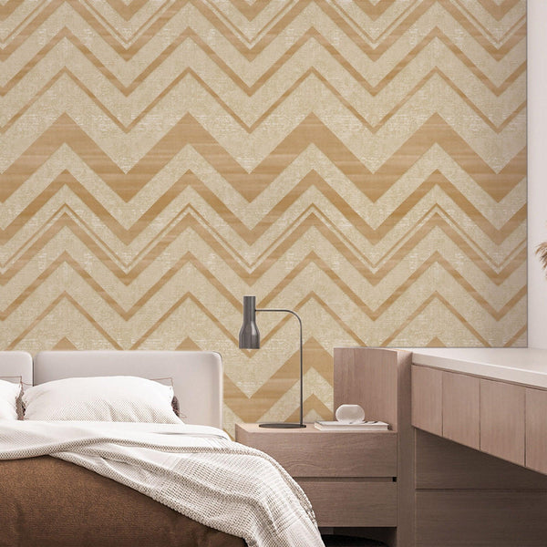 Luxury Beige Chevron Textured 3D Embossed Wallpaper, Glam Non-Woven Wall Covering, 41.7"W x 398"H, Washable Removable for Liv