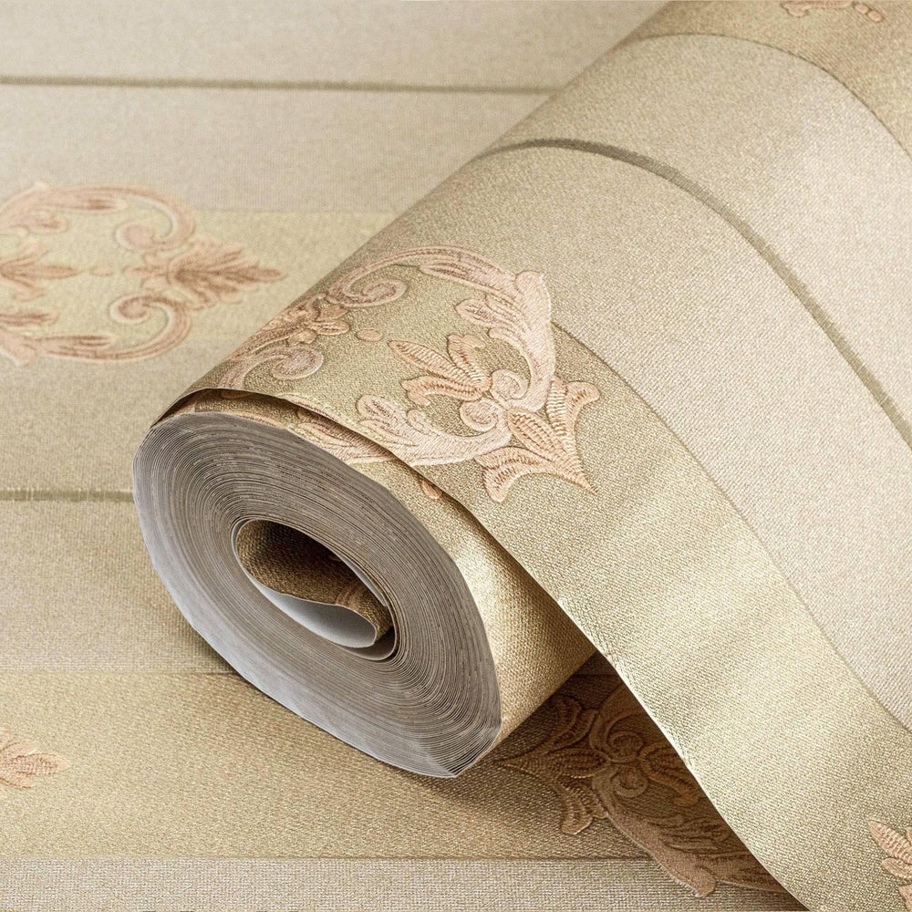 Luxury Beige Damask Striped Wallpaper, Victorian Non-Woven Wall Covering, 41.7"W x 398"H, Washable Removable for Living Room 