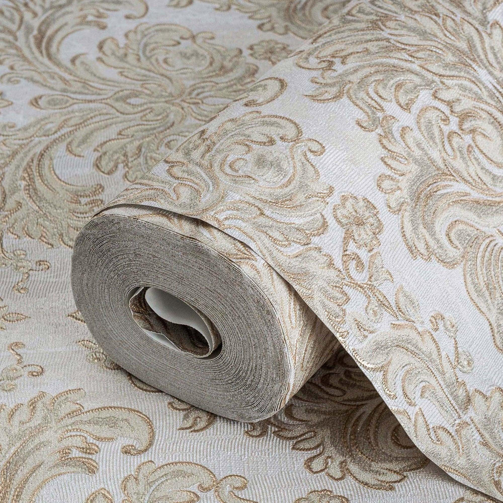 Luxury Beige Damask Embossed 3D Embossed Wallpaper, Glam Non-Woven Wall Covering, 41.7"W x 398"H, Washable Removable for Livi