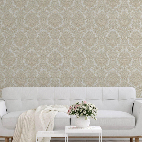 Luxury Beige Damask Embossed 3D Embossed Wallpaper, Glam Non-Woven Wall Covering, 41.7"W x 398"H, Washable Removable for Livi