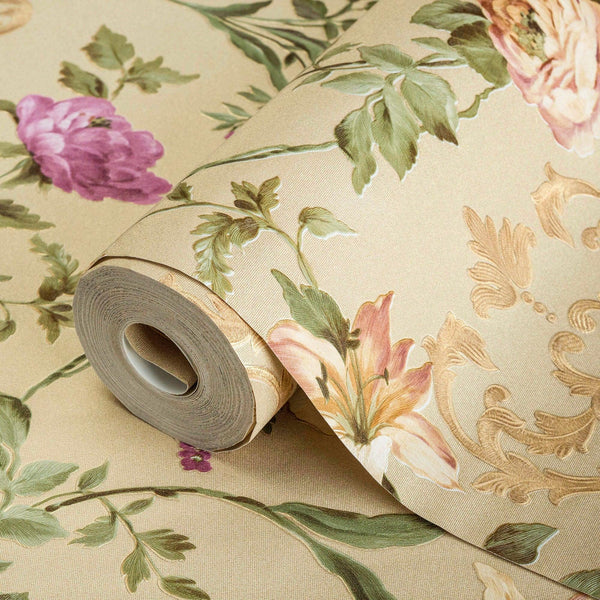Luxury Beige Floral Embossed 3D Embossed Wallpaper, Country Non-Woven Wall Covering, 41.7"W x 398"H, Washable Removable for L