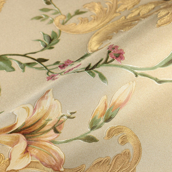 Luxury Beige Floral Embossed 3D Embossed Wallpaper, Country Non-Woven Wall Covering, 41.7"W x 398"H, Washable Removable for L
