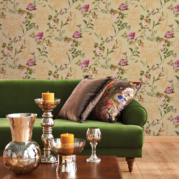 Luxury Beige Floral Embossed 3D Embossed Wallpaper, Country Non-Woven Wall Covering, 41.7"W x 398"H, Washable Removable for L