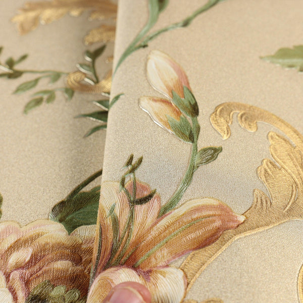 Luxury Beige Floral Embossed 3D Embossed Wallpaper, Country Non-Woven Wall Covering, 41.7"W x 398"H, Washable Removable for L
