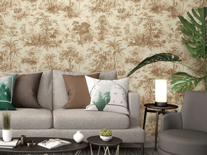 Luxury Beige Toile Tropical Textured Wallpaper, Traditional Non-Woven Wall Covering, 41.7"W x 614"H, Washable Removable for L
