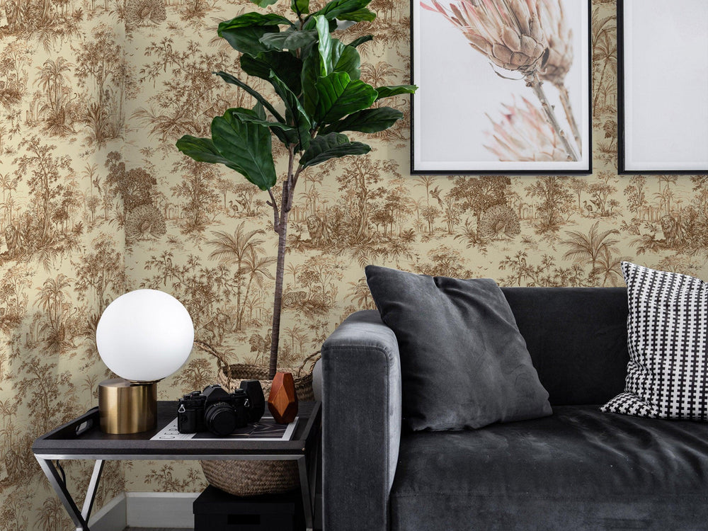 Luxury Beige Toile Tropical Textured Wallpaper, Traditional Non-Woven Wall Covering, 41.7"W x 614"H, Washable Removable for L