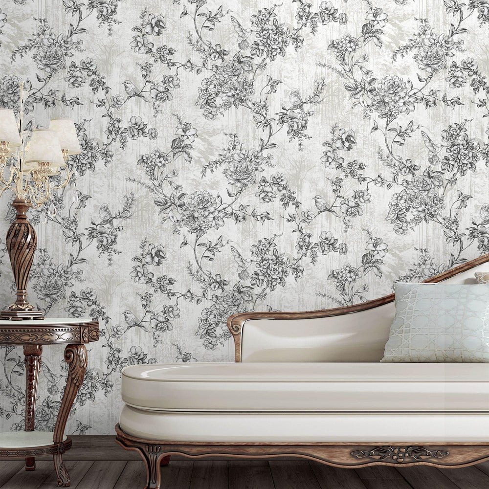 Luxury White Chinoiserie Floral Wallpaper, Contemporary Non-Woven Wall Covering, 41.7"W x 614"H, Washable Removable for Livin