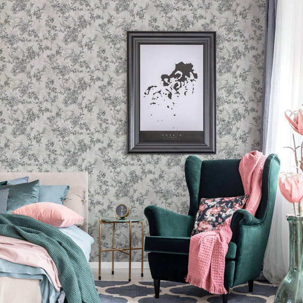 Luxury White Chinoiserie Floral Wallpaper, Contemporary Non-Woven Wall Covering, 41.7"W x 614"H, Washable Removable for Livin