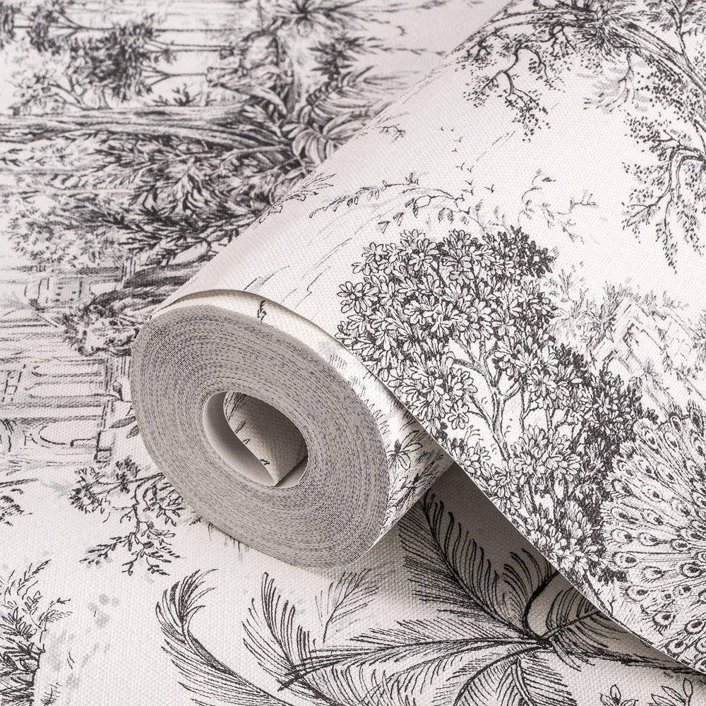 Luxury Black Toile Tropical Textured Wallpaper, Country Non-Woven Wall Covering, 41.7"W x 614"H, Washable Removable for Livin