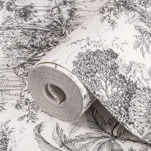 Luxury Black Toile Tropical Textured Wallpaper, Country Non-Woven Wall Covering, 41.7"W x 614"H, Washable Removable for Livin