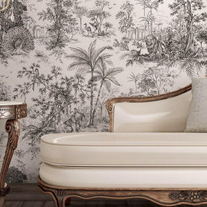 Luxury Black Toile Tropical Textured Wallpaper, Country Non-Woven Wall Covering, 41.7"W x 614"H, Washable Removable for Livin