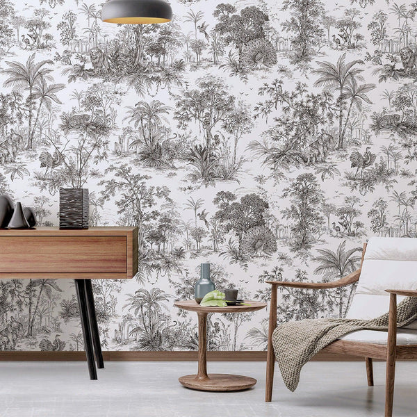 Luxury Black Toile Tropical Textured Wallpaper, Country Non-Woven Wall Covering, 41.7"W x 614"H, Washable Removable for Livin