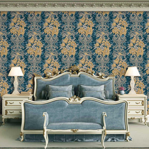 Luxury Blue Floral Damask 3D Embossed Wallpaper, Victorian Non-Woven Wall Covering, 41.7"W x 398"H, Washable Removable for Li