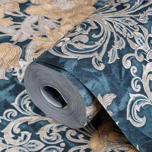 Luxury Blue Floral Damask 3D Embossed Wallpaper, Victorian Non-Woven Wall Covering, 41.7"W x 398"H, Washable Removable for Li