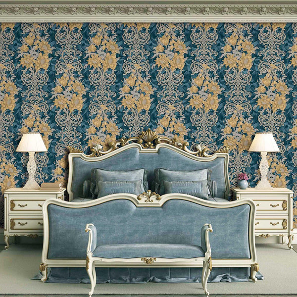 Luxury Blue Floral Damask 3D Embossed Wallpaper, Victorian Non-Woven Wall Covering, 41.7"W x 398"H, Washable Removable for Li