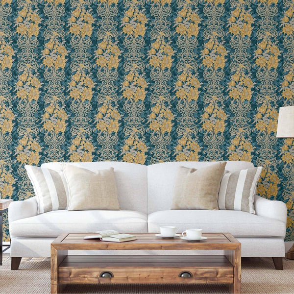 Luxury Blue Floral Damask 3D Embossed Wallpaper, Victorian Non-Woven Wall Covering, 41.7"W x 398"H, Washable Removable for Li