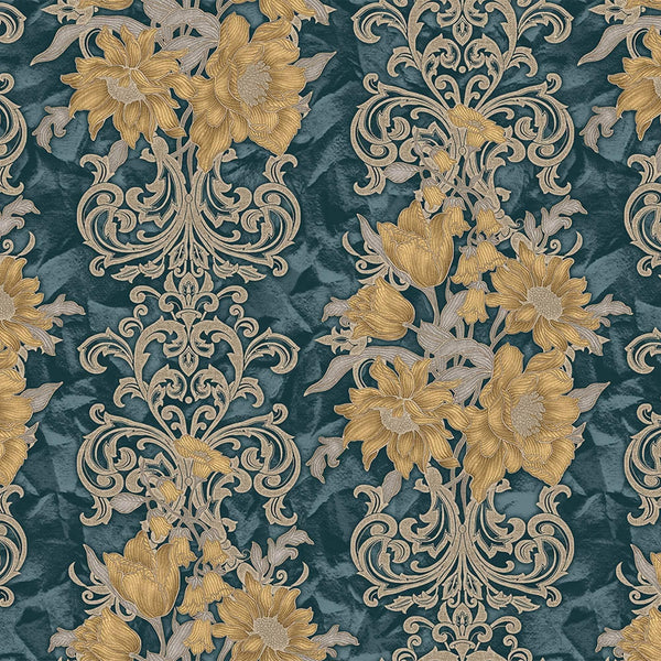 Luxury Blue Floral Damask 3D Embossed Wallpaper, Victorian Non-Woven Wall Covering, 41.7"W x 398"H, Washable Removable for Li