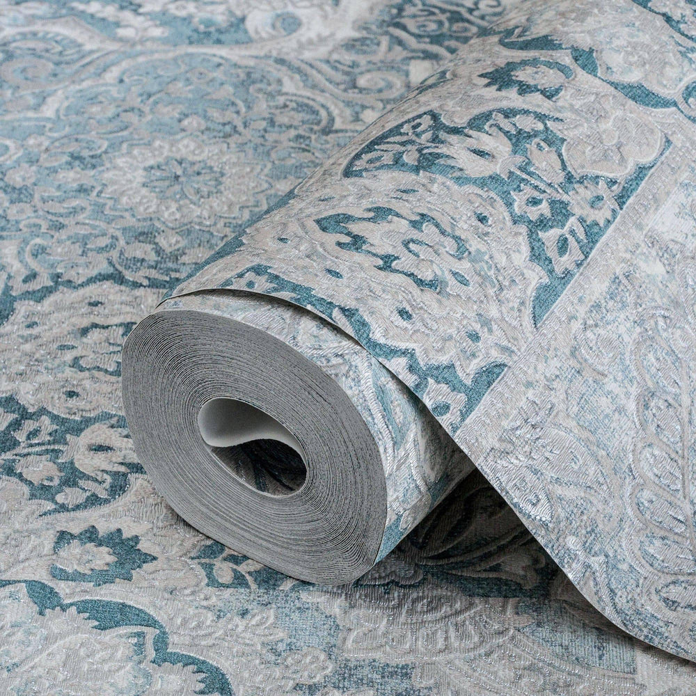 Luxury Blue Damask Textured 3D Embossed Wallpaper, Boho Non-Woven Wall Covering, 41.7"W x 614"H, Washable Removable for Livin