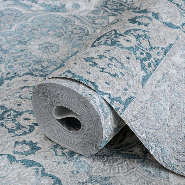 Luxury Blue Damask Textured 3D Embossed Wallpaper, Boho Non-Woven Wall Covering, 41.7"W x 614"H, Washable Removable for Livin