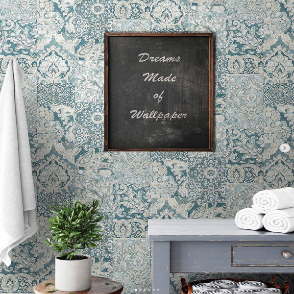 Luxury Blue Damask Textured 3D Embossed Wallpaper, Boho Non-Woven Wall Covering, 41.7"W x 614"H, Washable Removable for Livin
