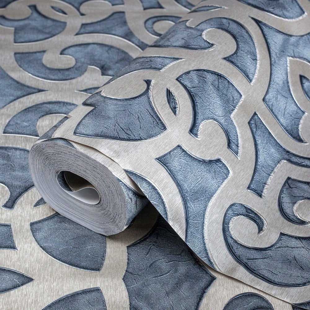 Luxury Blue Trellis Damask Wallpaper, Premium Non-Woven Wall Covering, 41.7"W x 398"H, Washable Removable for Living Room Bed