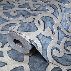 Luxury Blue Trellis Damask Wallpaper, Premium Non-Woven Wall Covering, 41.7"W x 398"H, Washable Removable for Living Room Bed