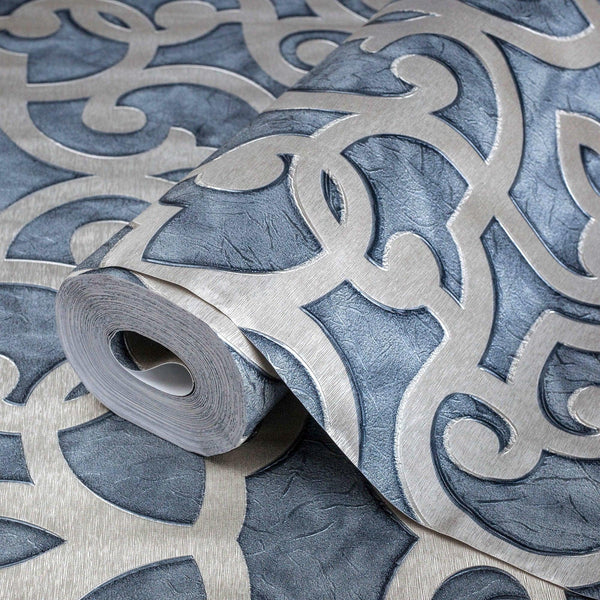 Luxury Blue Trellis Damask Wallpaper, Premium Non-Woven Wall Covering, 41.7"W x 398"H, Washable Removable for Living Room Bed